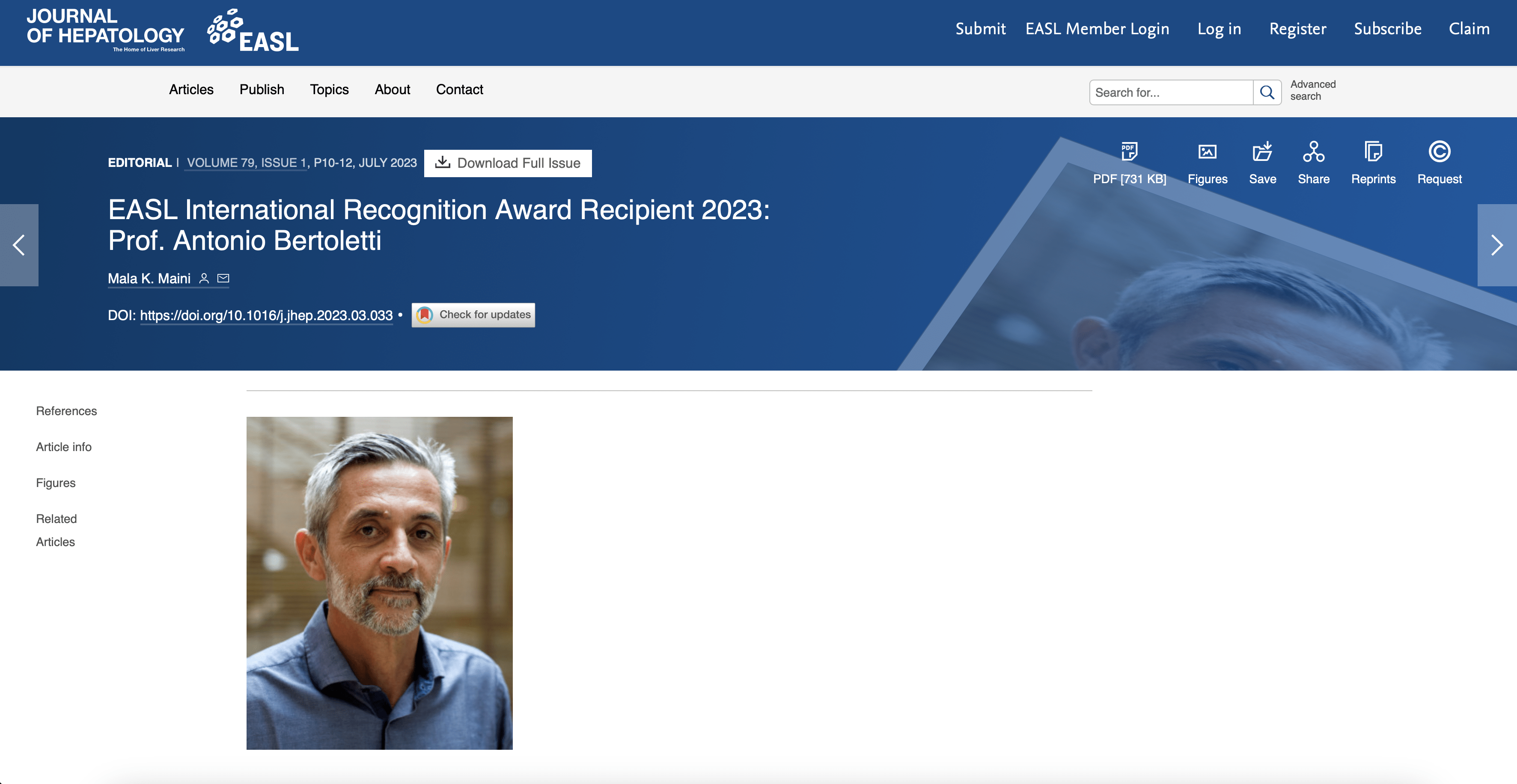 EASL International Recognition Award Recipient 2023: Prof. Antonio Bertoletti